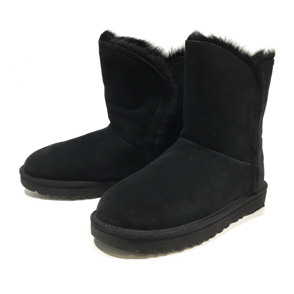 UGG CLASSIC SHORT FLUFF HIGH LOW BOOTS -BLACK SUEDE / TOSCANA SHEEPSKIN -US 6 - Picture 6 of 7